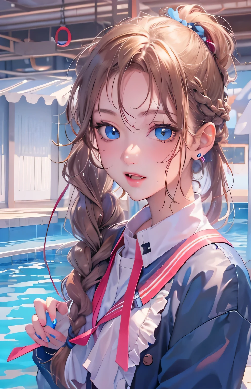 ((highest quality)), ((masterpiece)), (Get used to it), masterpiece、highest quality、High resolution、High-quality images、8k, 1 female、Skin Radiance、Texture of skin and clothing、Expression of fine eyes、Shiny light light brown hair,Girl with long braided hair, Manga inspired by Lee Jong-suk, Trending on deviantart, realism, detailed manga style, Manga art style, Perfect Line Drawing, Beautiful line art, digital manga art girl, K-POPアイドル, Perfect Face , Adult female , Perfect Face , Adult female , Beautiful Blue Eyes , high school girl , Sailor ,Navy blue pleated mini skirt , In the pool , Wet ,