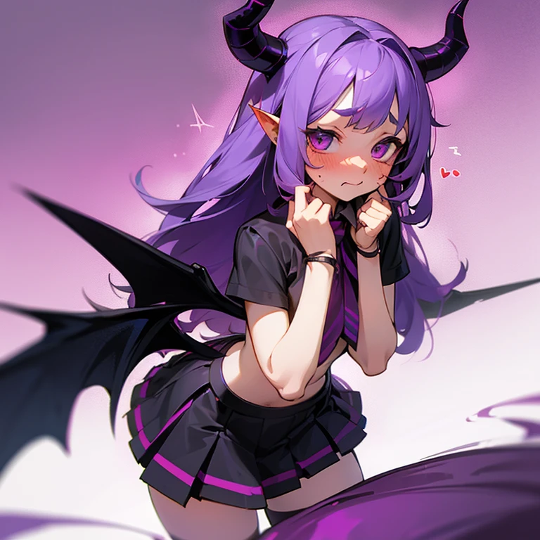 Young succubus. Mini skirt. Horns. No wings. Shy. Blush. Teenage. Purple hair