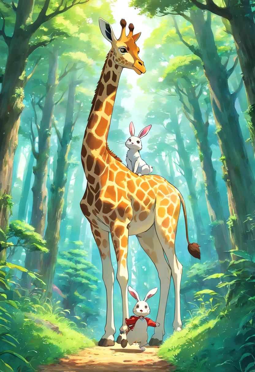 Giraffe and rabbit,forest,Excited