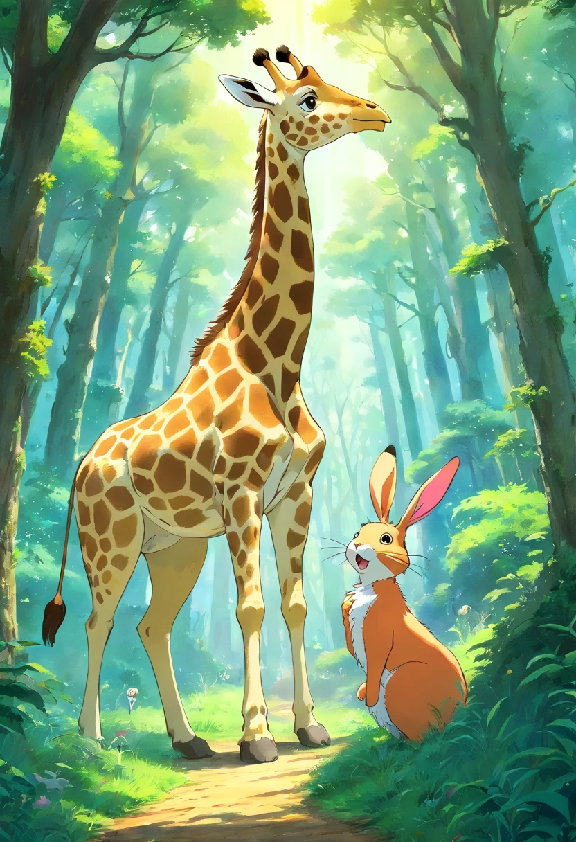 Giraffe and rabbit,forest,Excited