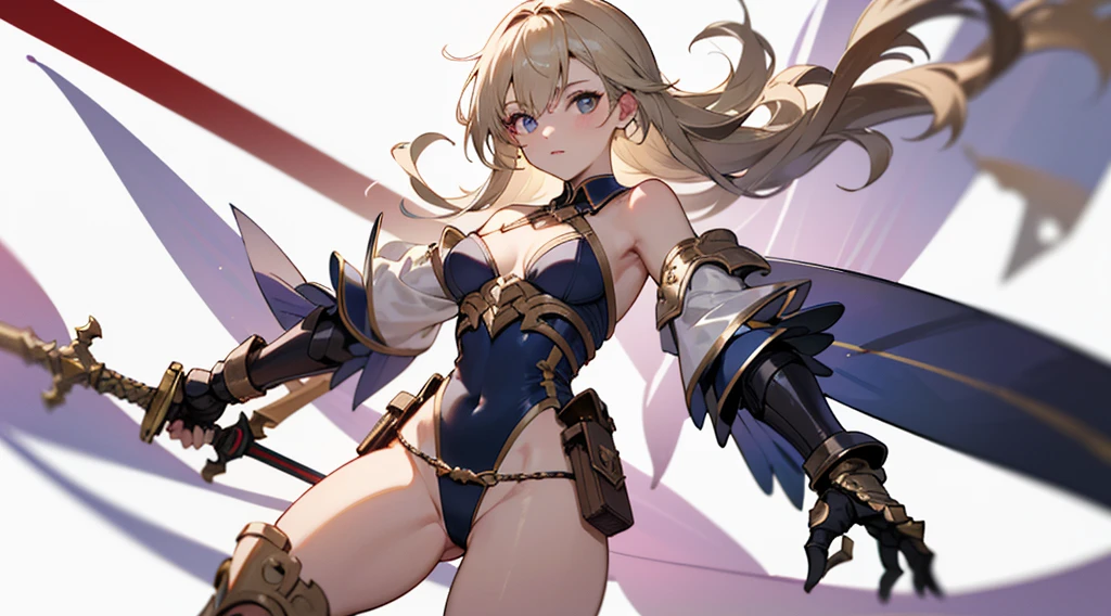 (((8k,Best Quality)), Masterpiece, outdoor, girl, holding sword, dynamic pose, gauntlet, feet out of frame, looking at viewer, female, variety of hair styles, variety of hair colors, (cropped shoulders), ((highleg leotard)), solo, ((gauntlets)), ((greaves)), loincloth, bare shoulders, belt pouch, long puffy sleeves, blurry background, dutch angle, thong,