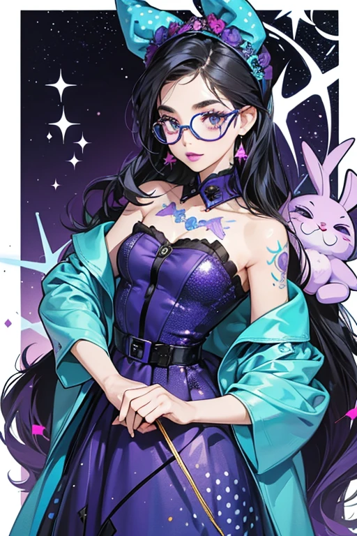 She is lavender in color. She also has bushy black hair, cat eyed glasses and magenta lipstick. She wears a dark-blue dress with cyan dots. Like the other sea stars in the show, she has dots around her body. Bunny also has various tattoos on her body, which are usually covered up by her clothes that she wears. SPARKLE; GLITTER