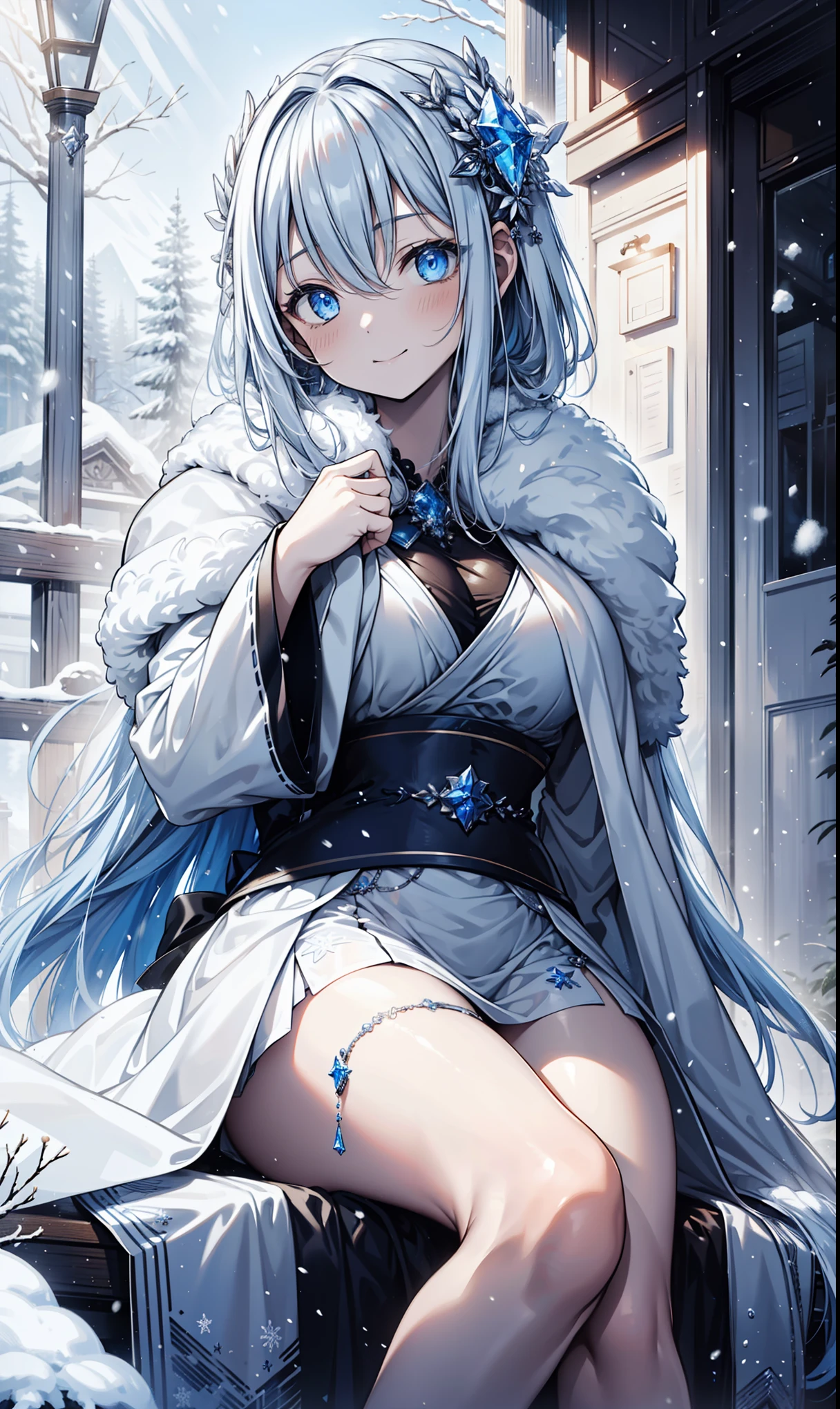 masterpiece, Very detailed, Ultra Detailed, cold, Solitary, (1 girl), (White skin), ice blue eyes, Frosty white hair, 酷chala, flat face, Young woman, multiple sclerosis. chala, Ease , arrogant, confident, cold face, goddess, Cool Kudre Girl, (snow background), snowflake, (Frozen flowers:0.5), (Slightly happy expression), (Ice storms:1.1), (modern casual clothing), (Snow covered ground), (Smile:0.7)，