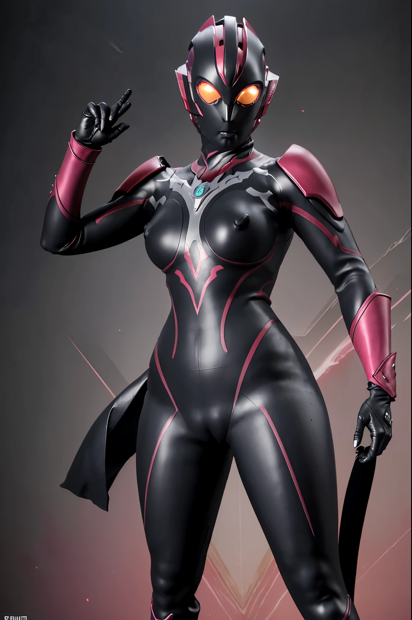 Ultraman Woman. （high quality）（luster）（Black and Pink thema color）（Black helmet. Black mask）women only. The whole body is covered with a black bodysuit. Spike decoration. Pink lines all over the body. dark background. Cameltoe. From below. Spread legs. show off groin. erected nipples. spread legs.