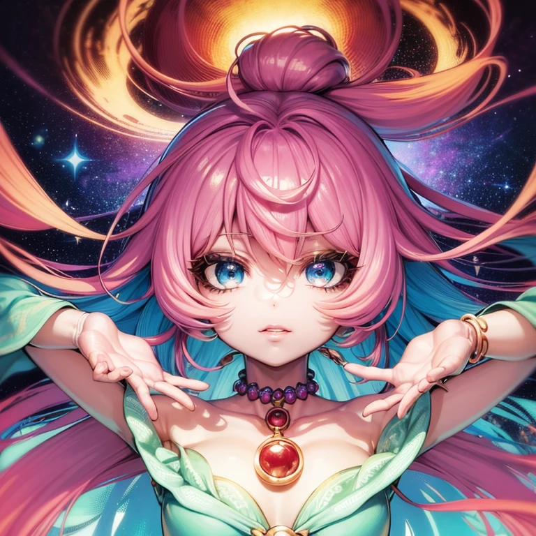 Close-up of a woman with Colorful hair and necklace, Anime girl with cosmic hair, Soft Rossdraws vitality, Goofies style artwork, Fantasy art style, Colorful], Vibrant fantasy style, Rossdraws animation is full of energy, cosmic and Colorful, Strong, Colorful digital fantasy art, Stunning art style, Beautiful anime style, Full body illumination, Skin whitening, Exciting expression
