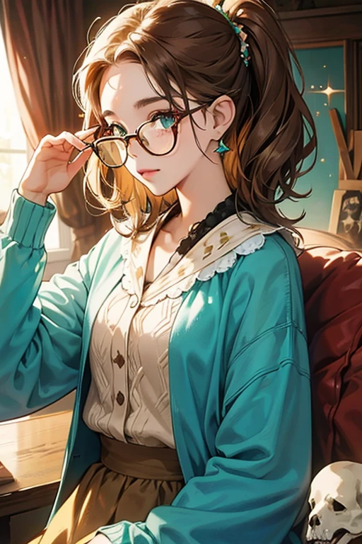 she wears brown wooden glasses, teal spotted clothing, and a bone in her hair. SPARKLE; GLITTER