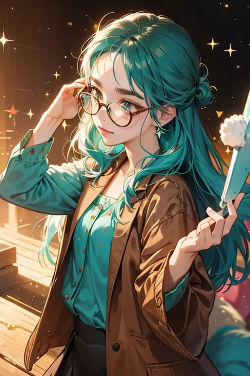she wears brown wooden glasses, teal spotted clothing, and a bone in her hair. SPARKLE; GLITTER