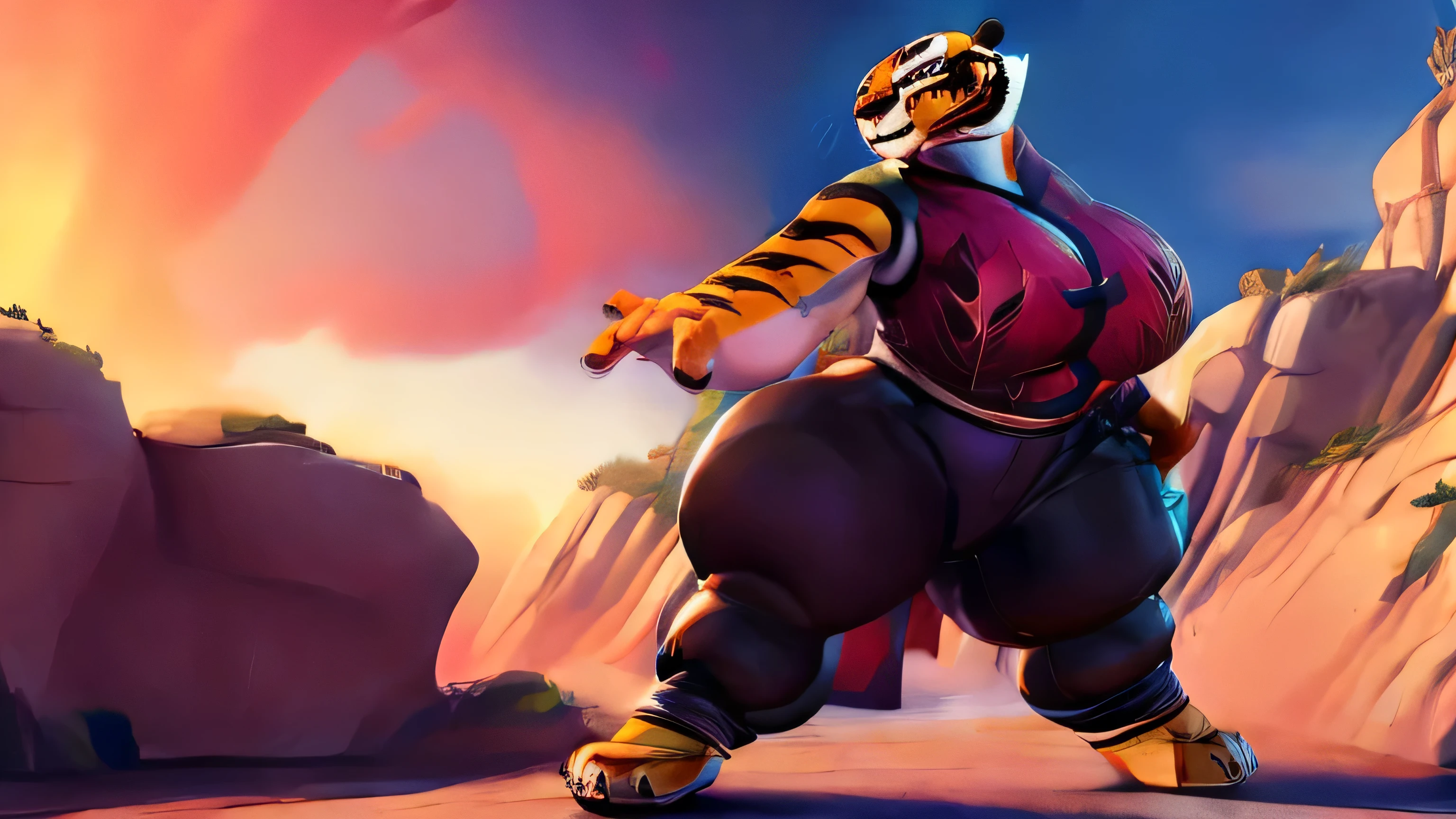 Sozinho, Female, , Mestre Tigresa, colete vermelho, black pants, bunda em forma, cauda de tigre, vista traseira, (nervoso), Sorriso, standing, fundo do castelo, corpo todo, alta qualidade, 8k, 3d, estilo dreamworks, bbw, gordinha, pernas grandes, peitos enormes, bunda enorme, peitos grandes