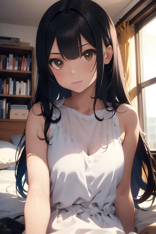 one woman, lying on the bed, tall of a person,yellow bra,yellow panty,thin,gleaming skin,beautiful face,sharp eyes,brown eyes,flushed cheeks,cool,angry,long hair,pony tale, black hair,slender face,indoor,illustration style,anime style,masterpiece, extremely fine and beautiful,illustration,adult woman