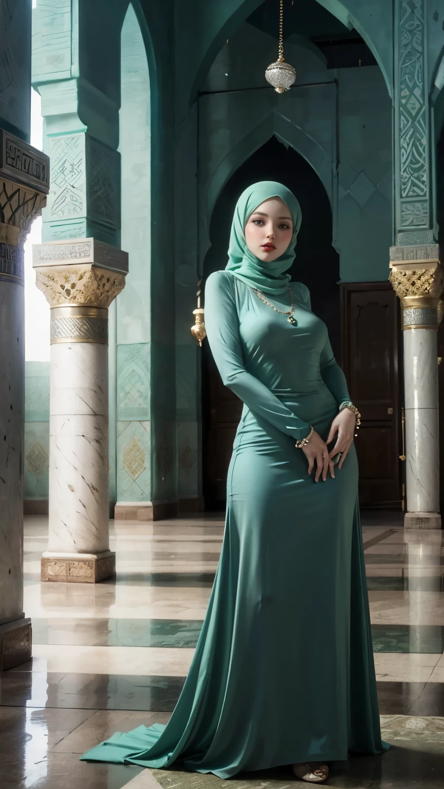 long green hijab, perfect face, blue eyes, juicy lips, red lips, sexy, (((inside mosque))), big mosque, thigh high, night, sexy and colorful long dress, (((jewelry)))