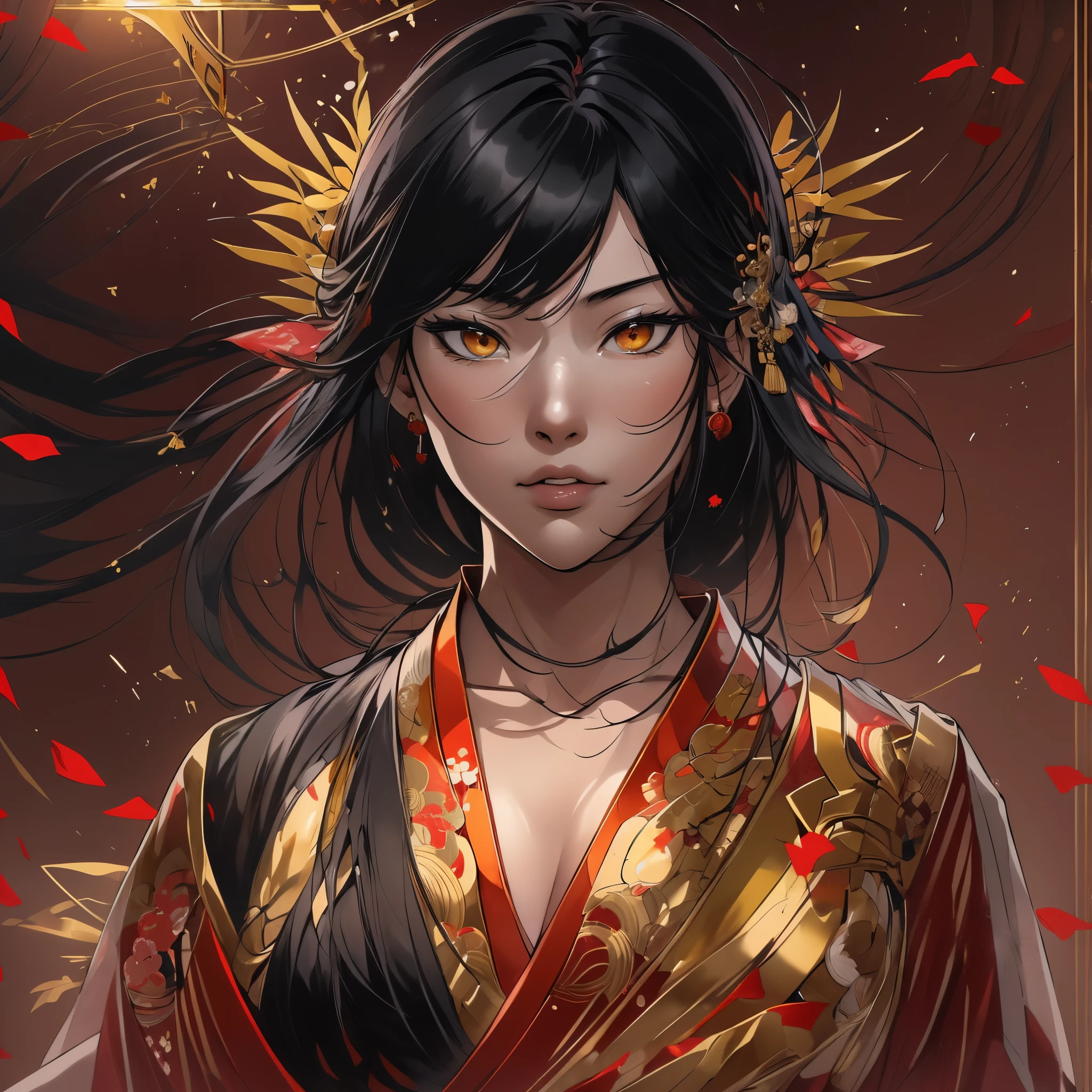 (Medium Full Portrait:1.5), ((1Japanese Female)), 24-years-old, Black hair, seductive golden eyes, wears the golden and red clothes of an oracle, masterpiece, best quality, high resolution, absurd resolution, best quality, 4K,.