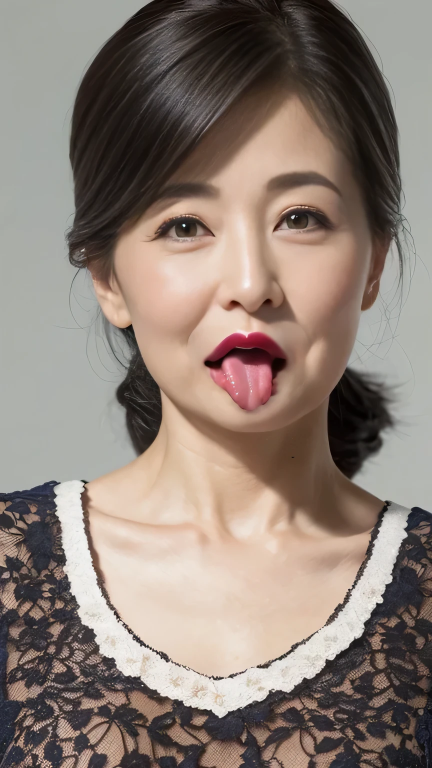 ((stick out a wet tongue))、((half open mouth))、((Glossy red lip gloss))