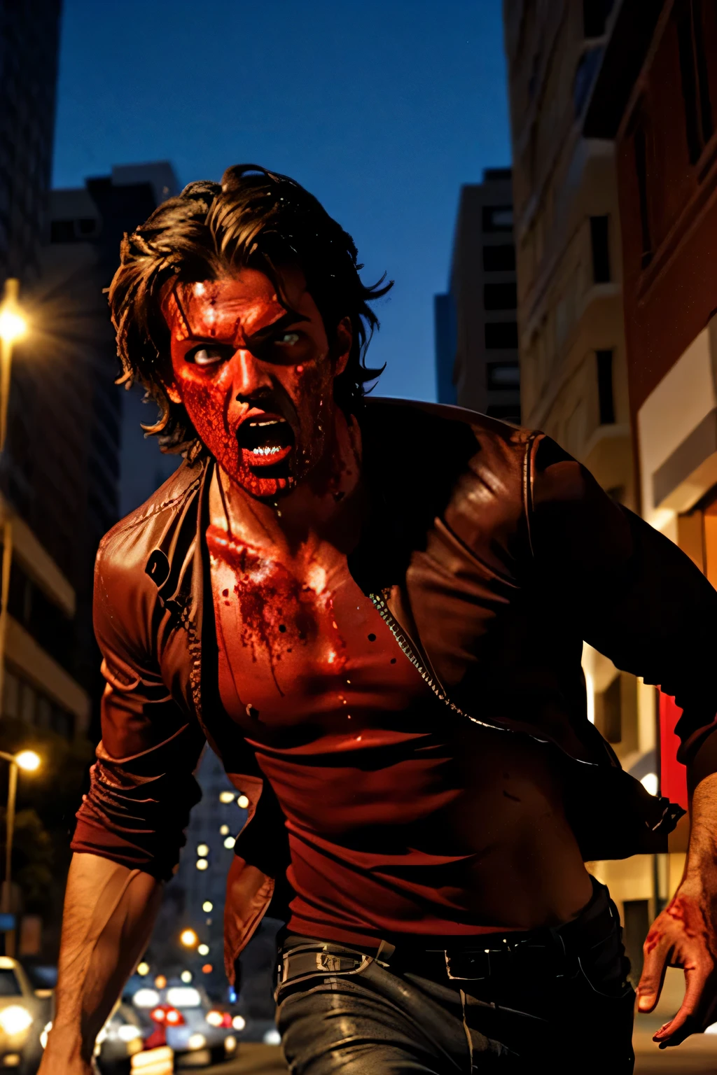 A male zombie running through the streets of Los Angeles in 1982, blood dripping from his mouth, yellow eyes, ravenous for human flesh.
