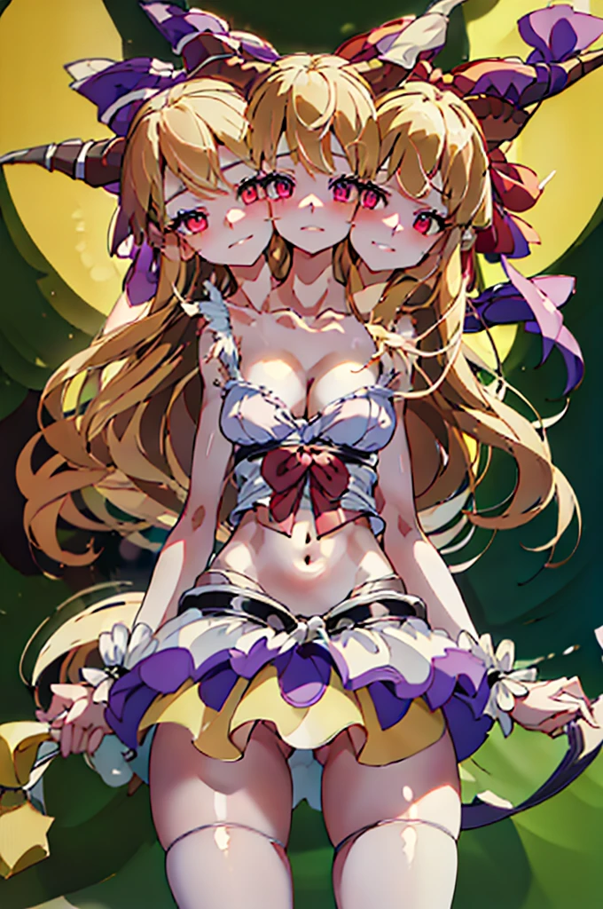 (masterpiece, best quality), best quality, (ultra-detailed), (3heads:1.5), 1girl, (suika ibuki:1.3), masterpiece, (best quality:1.5, highres, UHD), highres, absurdo, ultra detail, ultra quality, Ultra resolution, tattered pale pink top, crop top, ((stomach)), midriff, ((groin)), purple and pink skirt, normal ears, shackles, blonde hair, very long hair, wavy hair, sidelocks, red eyes, detailed eyes, parted lips, sweat, cute, toned belly, hand on own chest, eyelashes, (25 year old woman:1.3), (masterpiece:1.5), (best quality:1.5), (beautiful detailed), extremely detailed CG, extremely delicate and beautiful, depth of field, (finely detailed face), (perfect details:1.2), (mature female:1.3), wide pelvis, slender, large veiny breast, 16k resolution, very high quality, very high definition, extremely detailed, masterpiece, blonde hair, long hair, alluring presence, braid, short skirt, close up, big tits, young, two long straight oni horns on her head, decorated with ribbons, open belly, nsfw, midriff, girl with three heads,