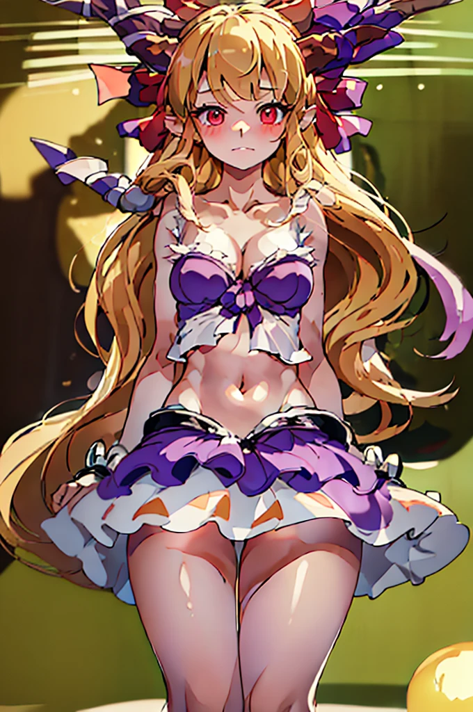 (masterpiece, best quality), best quality, (ultra-detailed), (3heads:1.5), 1girl, (suika ibuki:1.3), masterpiece, (best quality:1.5, highres, UHD), highres, absurdo, ultra detail, ultra quality, Ultra resolution, tattered pale pink top, crop top, ((stomach)), midriff, ((groin)), purple and pink skirt, normal ears, shackles, blonde hair, very long hair, wavy hair, sidelocks, red eyes, detailed eyes, parted lips, sweat, cute, toned belly, hand on own chest, eyelashes, (25 year old woman:1.3), (masterpiece:1.5), (best quality:1.5), (beautiful detailed), extremely detailed CG, extremely delicate and beautiful, depth of field, (finely detailed face), (perfect details:1.2), ( female:1.3), wide pelvis, slender, large veiny breastresolution, very high quality, very high definition, extremely detailed, masterpiece, blonde hair, long hair, alluring presence, braid, short skirt, close up, big tits, yo long straight oni horns on her head, decorated with ribbons, open belly, nsfw, midriff, girl with three heads,