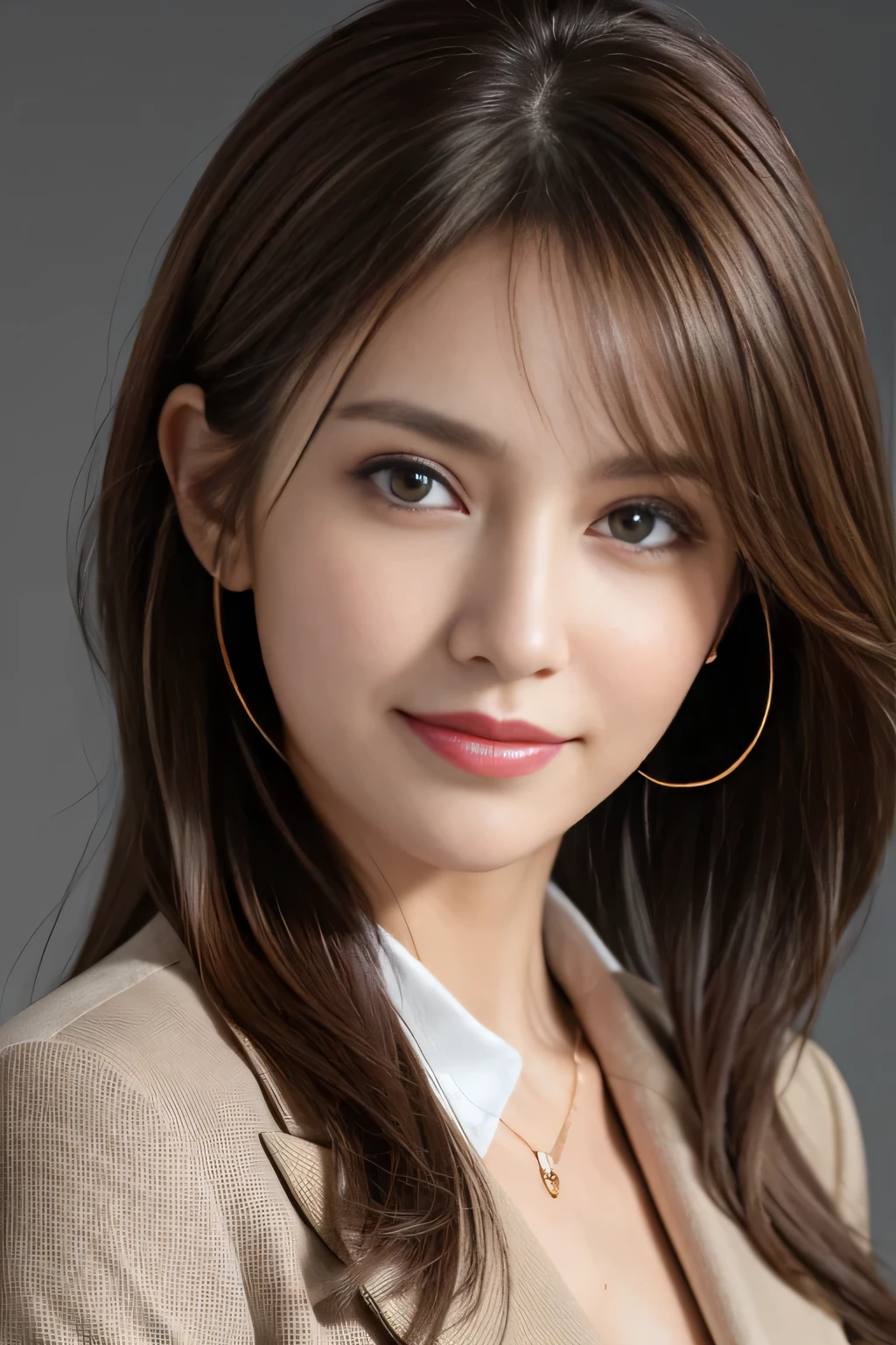 Tabletop, Highest quality, Realistic, Very detailed, finely, High resolution, 8k wallpaper, One beautiful woman,, Light brown messy hair, Wear a business suit, Sharp focus, Perfect dynamic composition, Beautiful and beautiful eyes, Thin Hair, Detailed Realistic skin texture, smile, Close-up portrait, Model body type,Cleavage