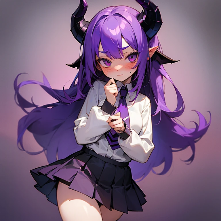 Young succubus. Mini skirt. Horns. No wings. Shy. Blush. Teenage. Purple hair