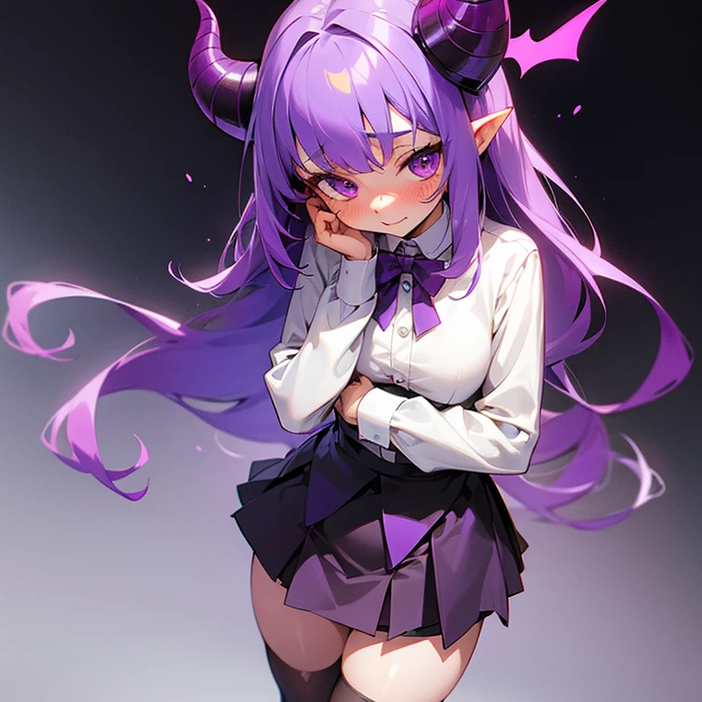 Young succubus. Mini skirt. Horns. No wings. Shy. Blush. Teenage. Purple hair
