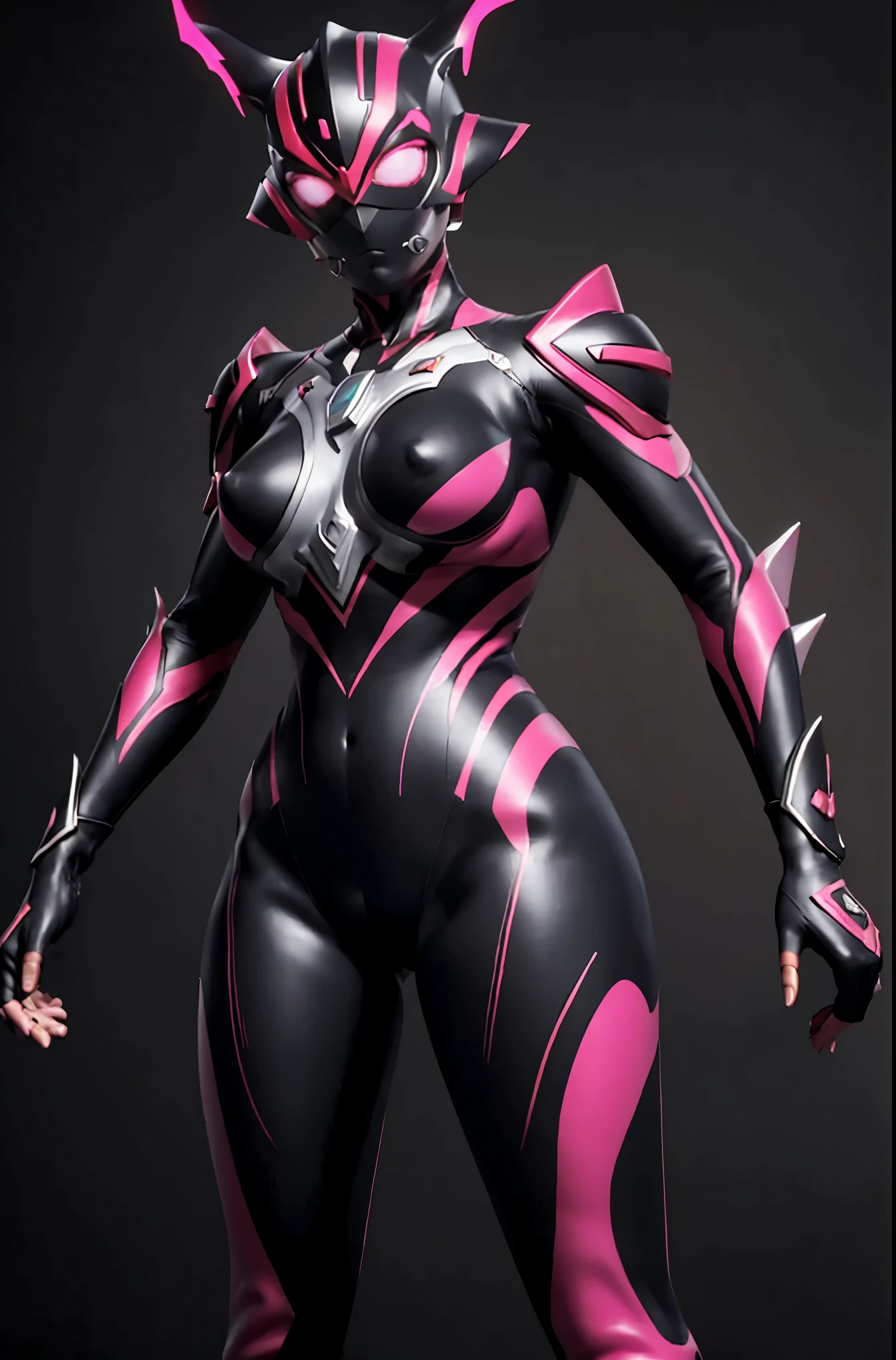 Ultraman Woman. （high quality）（luster）（Black and Pink thema color）（Black helmet. Black mask）women only. The whole body is covered with a black bodysuit. Spike decoration. Pink lines all over the body. dark background. Cameltoe. From below. Spread legs. show off groin. erected nipples. spread legs.