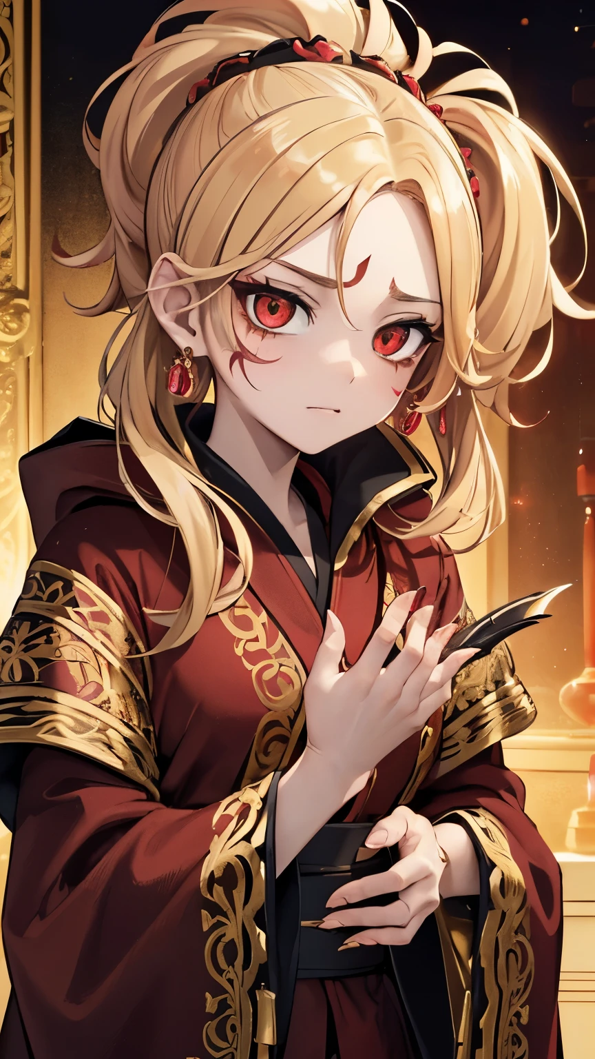 (best quality,4k,8k,highres,masterpiece:1.2),ultra-detailed, anime style, line art, apartment background, setting sun, seductive expression:1.2, golden hair, red eyes, (((ornate black robe))), gold trim, short ponytail, (((claw mark on face))), tall, shiny hair, glowing eyes