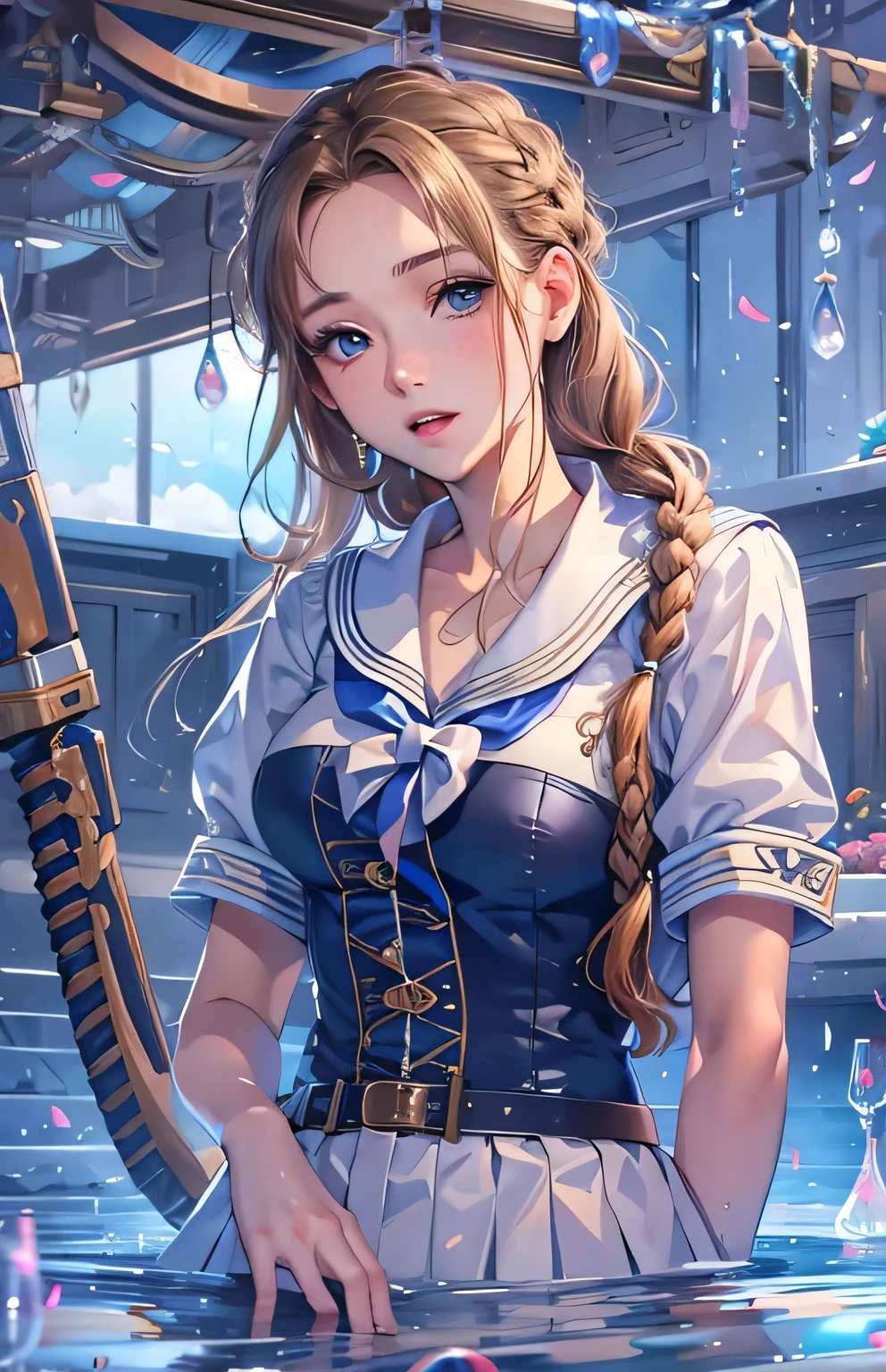 ((highest quality)), ((masterpiece)), (Get used to it), masterpiece、highest quality、High resolution、High-quality images、8k, 1 female、Skin Radiance、Texture of skin and clothing、Expression of fine eyes、Shiny light light brown hair,Girl with long braided hair, Manga inspired by Lee Jong-suk, Trending on deviantart, realism, detailed manga style, Manga art style, Perfect Line Drawing, Beautiful line art, digital manga art girl, K-POPアイドル, Perfect Face , Adult female , Perfect Face , Adult female , Beautiful Blue Eyes , high school girl , Sailor ,Navy blue pleated mini skirt , In the pool , Wet ,