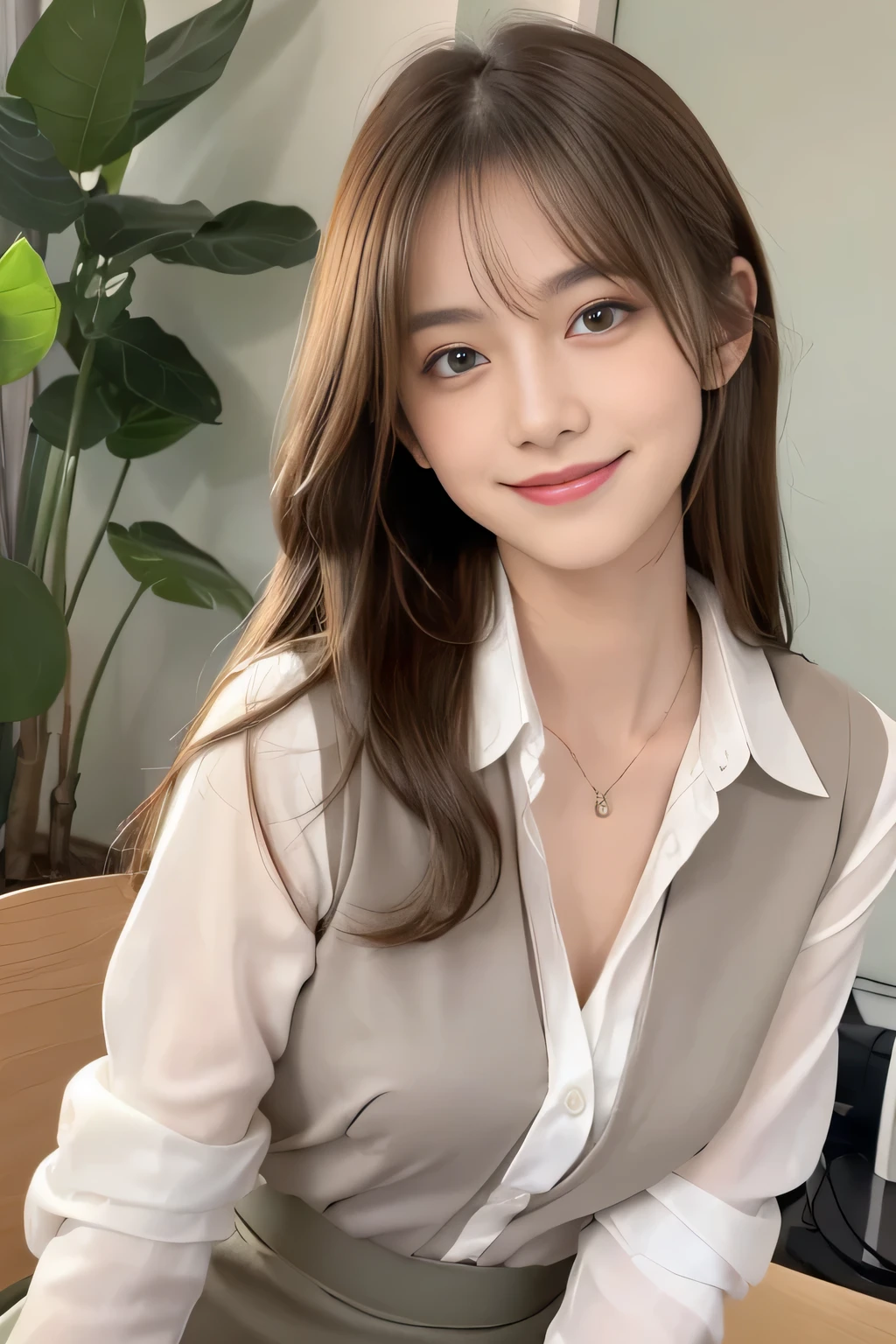 Light brown, shaggy, medium-long hair、beautiful woman with white skin、gray-green eyes、Beautiful symmetrical face、Please look closely at the camera、Listen carefully、Cute Smile、Long hair with movement、Hair between the eyes、 Beautiful 20 year old woman、Beautiful supermodel with a small face、very tall supermodel、Long necked supermodel、Show off your beautiful décolletage、tilt your head slightly to the right、tilt the body slightly to the left、Very beautiful smile、Rainbow colored highly artistic fine technique brush paint background、A beautiful woman full of adult charm、((The whole body is visible))、I'm at work、OL、Office Casual Suit Setup、Foliage plant、computer、Gray Desk、Shiny short pencil skirt、White collar buttoned shirt、Close button、With accessories、Adult women、((Buckshot、Side Shot))、laughing、