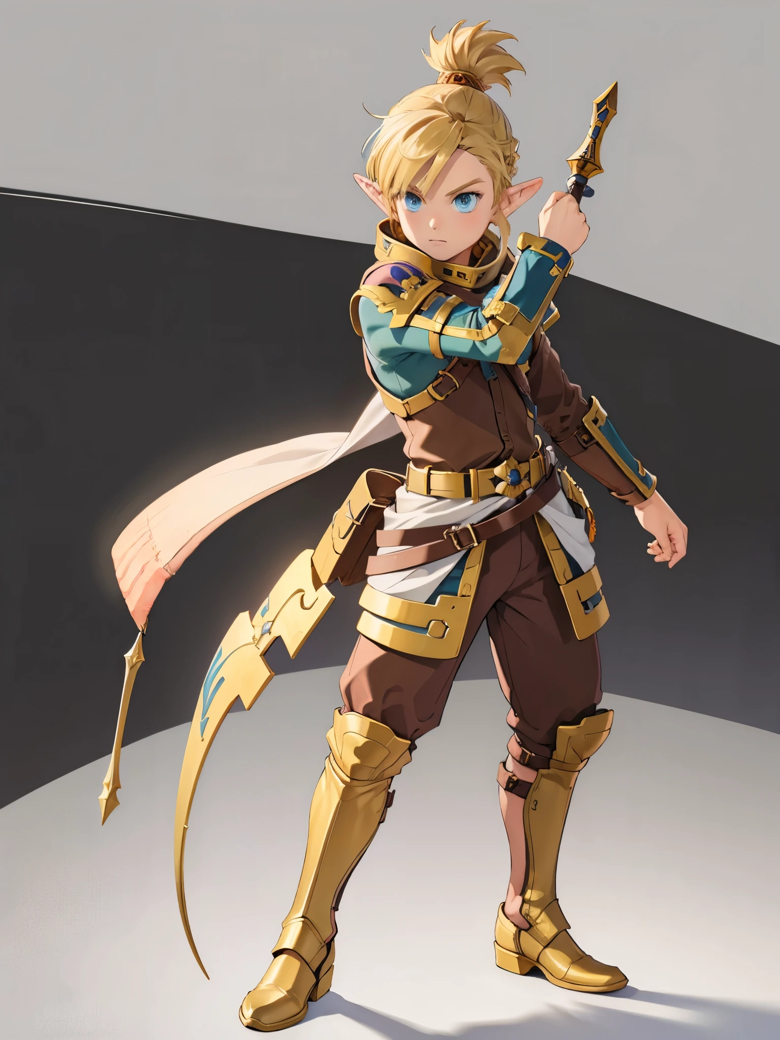 1boy,belt,blonde hair,blue eyes,boots,brown footwear,,dagger,fighting stance,full body,knee boots,left-handed,looking at viewer,male focus,pointy ears,sheath,simple background,solo,standing,white background