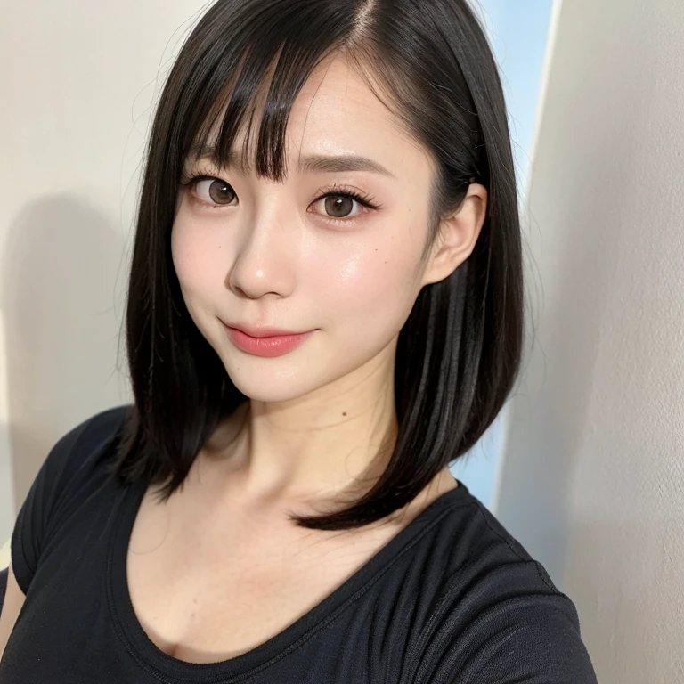 (kawaii 24 year-old Japanese girl, Nogizaka idol, Korean idol), (glossy black hair, messy very short hair, messy pixie cut, symmetric hair length, even length hair edges:1.3), (bangs), (extra rounded face, black eyes, single eyelid, no makeup, soft smiling:1.2), (wearing sky blue t-shirt:1.3), (flat chest, extra small breasts:0.8), (looking at viewer:1.2), BREAK, (simple white background:1.3), (dynamic angle:1.3), BREAK, (masterpiece, best quality, photo realistic, official art:1.4), (UHD, 8K quality wallpaper, high resolution, raw photo, golden ratio:1.2), (shiny skin), professional lighting, physically based rendering, award winning, (perfect anatomy, highly detailed skin, extremely detailed face and eyes), Carl Zeiss 300 mm F/2.8, depth of field, 1girl, solo,