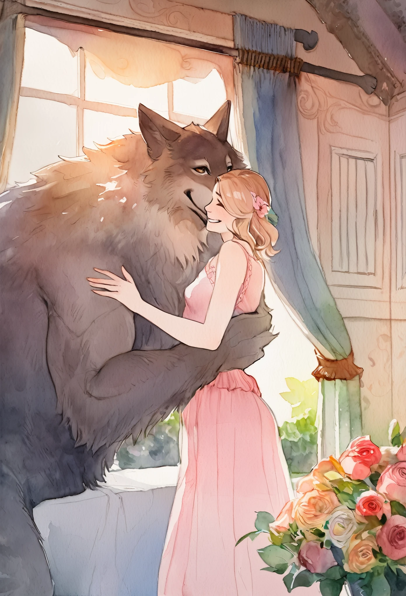 cover page, highres, top quality, best quality, paid reward available, unparalleled masterpiece, perfect artwork, absurdres, High-quality illustrations, watercolor, soft color, love story of human girl and giant Werewolf, werewolf who presents flowers to a girl, love romance, pair, Height difference, Physical difference, perfect anatomy, smile, happy,