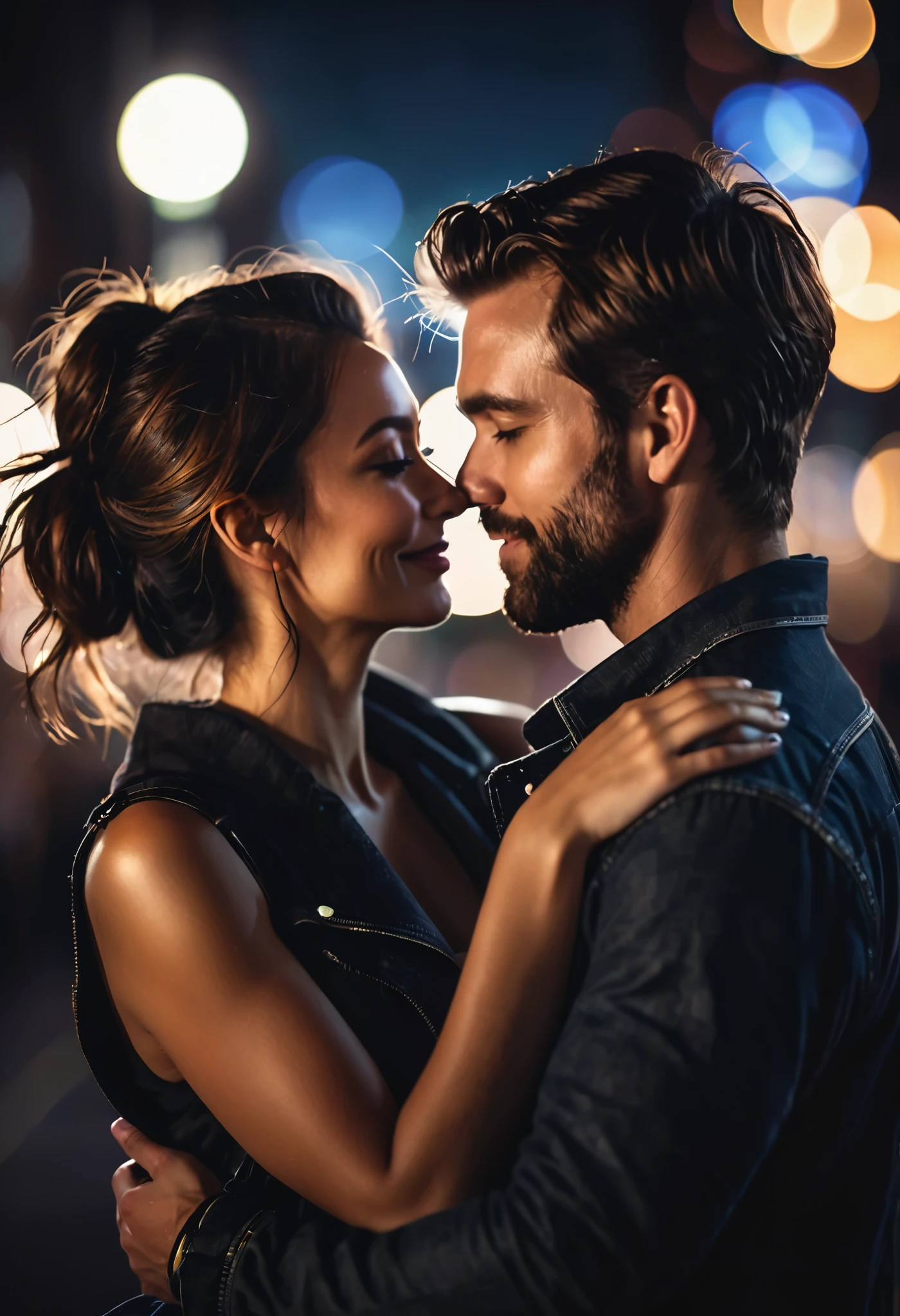 hyper realistic close-up image, dark silhouette of a couple affectionately hugged at night, bokeh light effects, lens flare effects, on a great city, 8k resolution, dramatic lighting, depht blur , greg rutkowsky style, raw photo