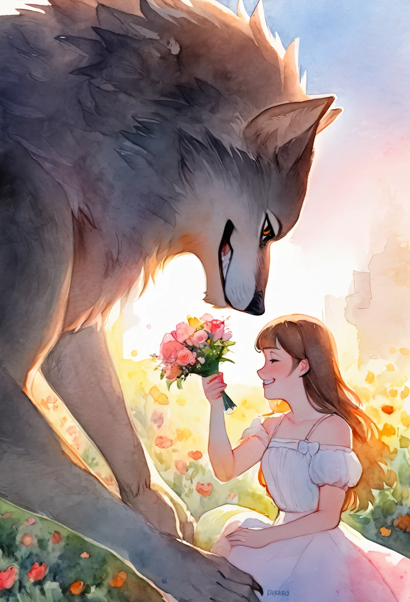 cover page, highres, top quality, best quality, paid reward available, unparalleled masterpiece, perfect artwork, absurdres, High-quality illustrations, watercolor, soft color, love story of human girl and giant Werewolf, werewolf who presents flowers to a girl, love romance, pair, Height difference, Physical difference, perfect ???????, smile, happy,