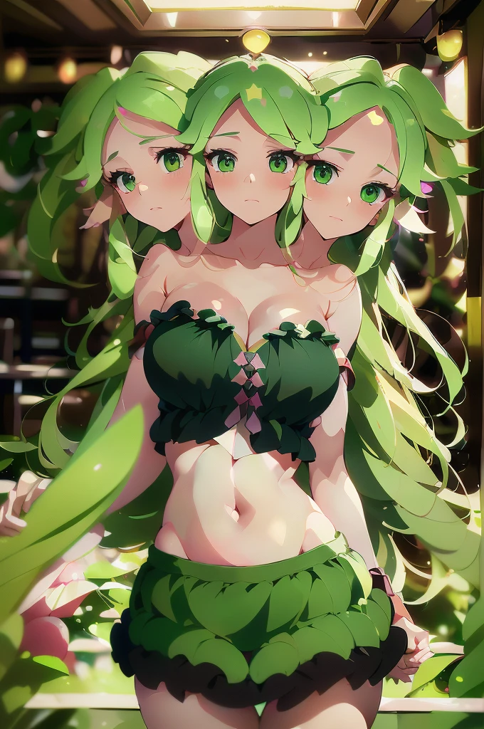 (masterpiece, best quality), best quality, best resolution, (ultra-detailed), (3heads:1.5), 1girl, (fuma mishandra:1.3), masterpiece, best quality, ultra quality, ultra resolution, ultra detail, black top, crop top, ((stomach)), midriff, ((groin)), black skirt, miniskirt, normal ears, shackles, green hair, very long hair, wavy hair, sidelocks, green eyes, parted lips, open belly, sweat, cute, toned belly, hand on own chest, eyelashes, (24 year old woman:1.3), (masterpiece:1.5), (best quality:1.5), (beautiful detailed), extremely detailed CG, extremely delicate and beautiful, depth of field, (finely detailed face), (perfect details:1.2), (mature female:1.3), wide pelvis, slender, large veiny breast, 16k resolution, highres, high quality, high definition, extremely detailed, masterpiece, green hair, long hair, alluring presence, twin braid, short skirt, close up, big tits, young, girl with three heads,