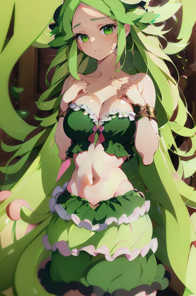 (masterpiece, best quality), best quality, best resolution, (ultra-detailed), (3heads:1.5), 1girl, (fuma mishandra:1.3), masterpiece, best quality, ultra quality, ultra resolution, ultra detail, black top, crop top, ((stomach)), midriff, ((groin)), black skirt, miniskirt, normal ears, shackles, green hair, very long hair, wavy hair, sidelocks, green eyes, parted lips, open belly, sweat, cute, toned belly, hand on own chest, eyelashes, (24 year old woman:1.3), (masterpiece:1.5), (best quality:1.5), (beautiful detailed), extremely detailed CG, extremely delicate and beautiful, depth of field, (finely detailed face), (perfect details:1.2), (mature female:1.3), wide pelvis, slender, large veiny breast, 16k resolution, highres, high quality, high definition, extremely detailed, masterpiece, green hair, long hair, alluring presence, twin braid, short skirt, close up, big tits, young, girl with three heads,