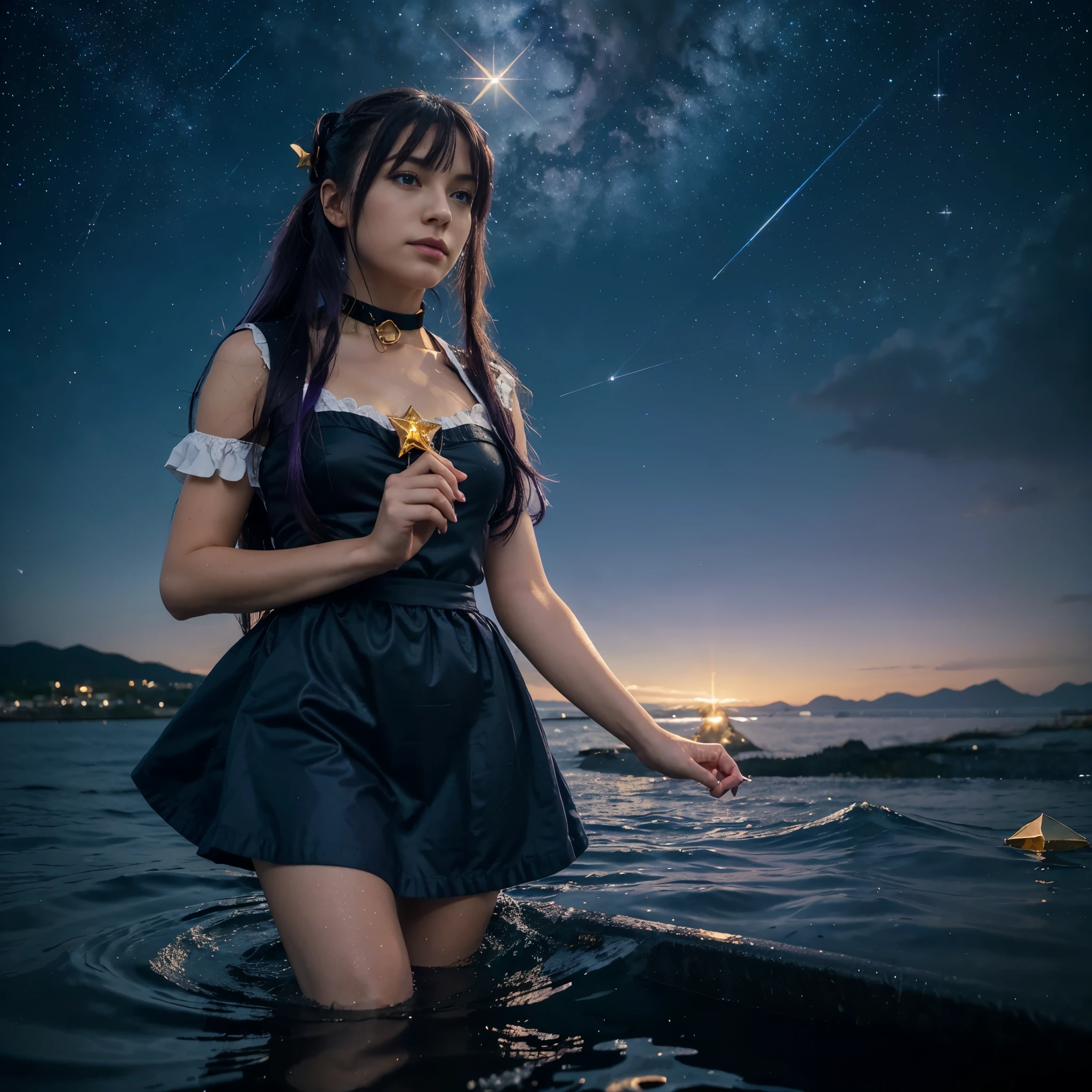 girl, located in the corner, looking at the sky, solo, Mona (Genshin Impact), choker, hair between eyes, star (symbol), long hair, dark purple hair, twintails, blue eyes, shining eyes, jewelry, witch, maid, bangs, purple black dress, purple skirt, white apron, landscape, night sky, star (sky), starry sky, night, outdoor, clouds, reflection, water, magic, tarot, water magic, ((beautiful golden crystal star)),  space, water droplets, splash