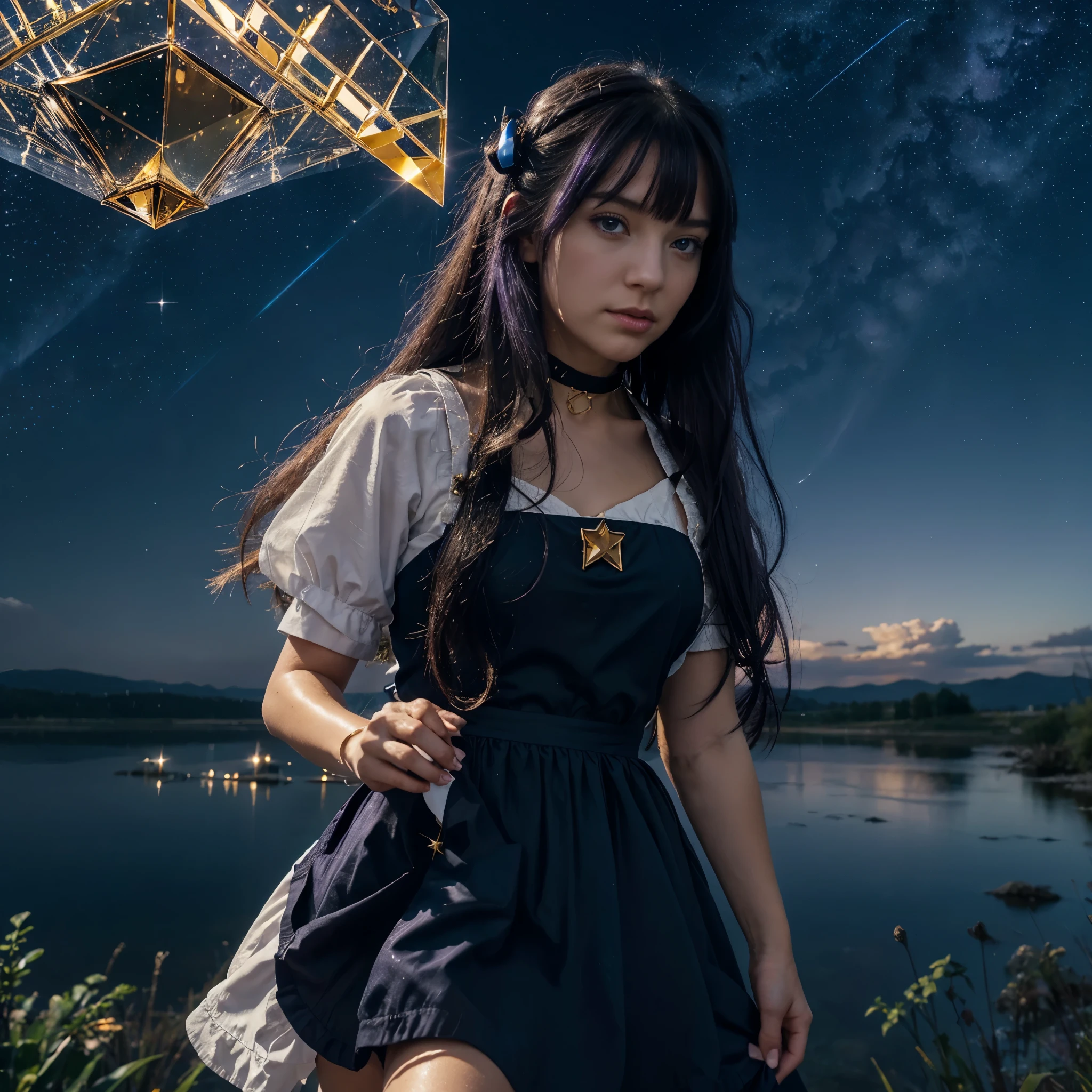 girl, located in the corner, looking at the sky, solo, Mona (Genshin Impact), choker, hair between eyes, star (symbol), long hair, dark purple hair, twintails, blue eyes, shining eyes, jewelry, witch, maid, bangs, purple black dress, purple skirt, white apron, landscape, night sky, star (sky), starry sky, night, outdoor, clouds, reflection, water, magic, tarot, water magic, ((beautiful golden crystal star)),  space, water droplets, splash