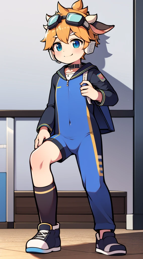 Two-dimensional boy，One-piece mountaineering suit，horn，cow ears，Put the headphones on your head，stand up，goggles，sports shoes，Slim，Smile，Sailor collar，Knee socks，Short sleeve