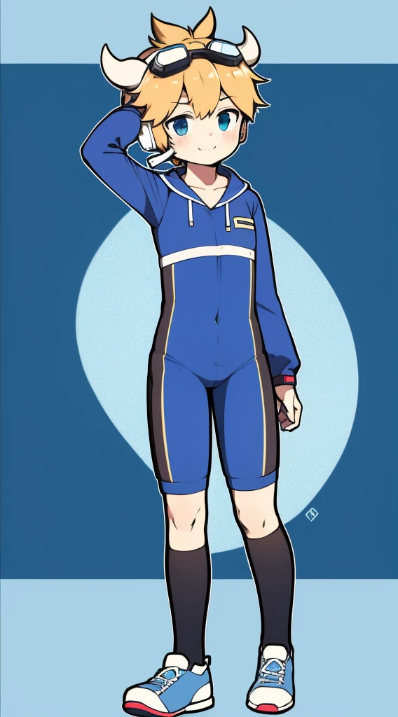 Two-dimensional boy,One-piece mountaineering suit,horn,cow ears,Put the headphones on your head,stand up,goggles,sports shoes,Slim,Smile,Sailor collar,Stockings