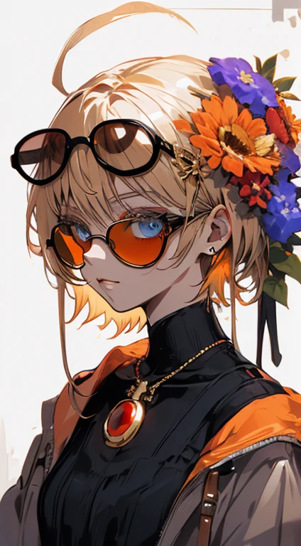 , (masterpiece:1.2), best quality,midjourney,
solo, tinted eyewear, jewelry, hair ornament, looking at viewer, black background, 1girl, short hair, blue eyes, earrings, simple background, flower, upper body, hair flower, orange-tinted eyewear, sunglasses, necklace, jacket, closed mouth, floral print, bangs, blonde hair, white hair, makeup, round eyewear, piercing