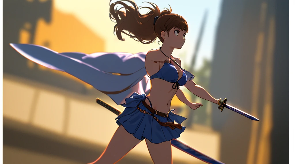 (((8k,Best Quality)), Masterpiece, outdoor, girl, holding sword, dynamic pose, feet out of frame, bikini, backlight, ((blurry background)), solo, dutch angle,