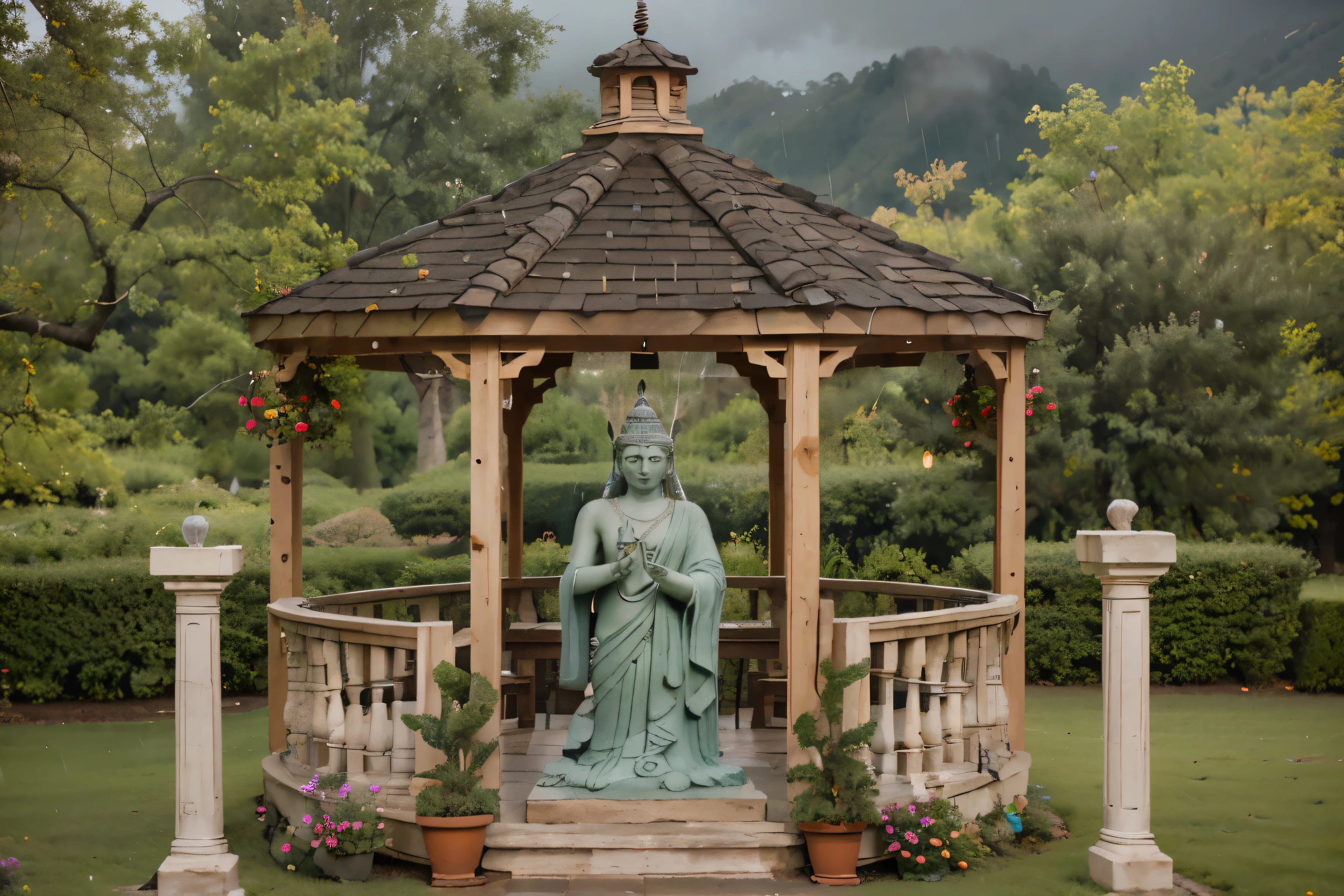 an outdoor cozy gazebo at a rainy cloudy day, two roman pillars with candle, a shiva statue back in a cozy rainy day