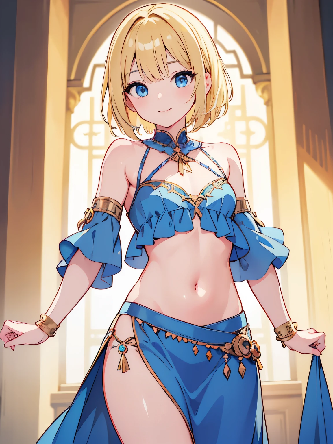 (master piece:1.2), (best Quality:1.2), (ultra detailed:1.2), (highres:1.2), 4k, 8k, cowboy shot, look at viewer, short hair, small breasts, straight hair, (blonde hair:1.2), (blue eyes:1.2), pela skin, eyes focus, smile, slender, bellydancer, ***** girl, flat chest