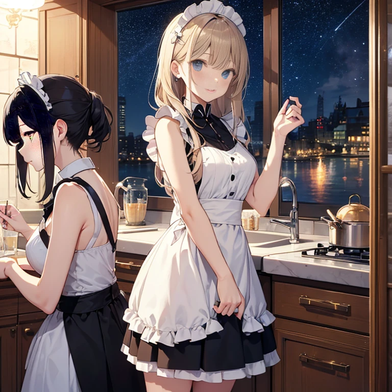 A group of maids, (in kitchen), various hair styles, harem, wearing maid uniform, night, details face, , short skirt, seducing, sleeveless , night, starry night 