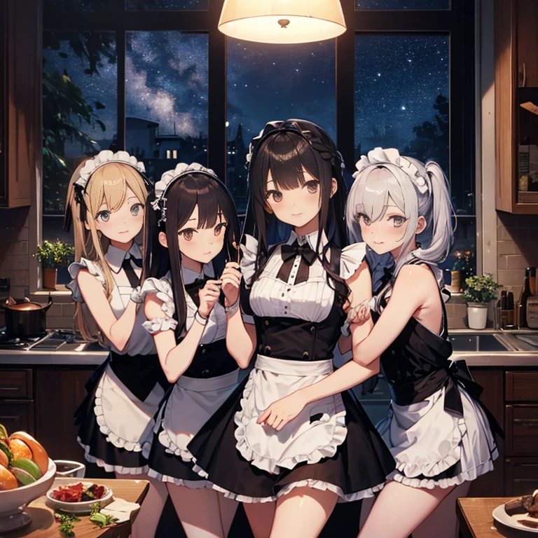 A group of maids, (in kitchen), various hair styles, harem, wearing maid uniform, night, details face, , short skirt, seducing, sleeveless , night, starry night 