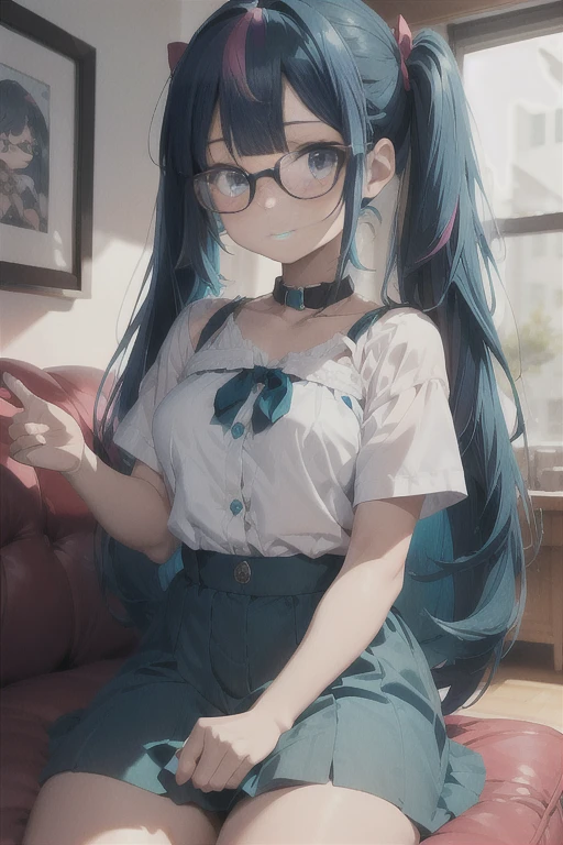 Juniper Montage, Juniper from My little pony, medium breasts, small breasts, five fingers, detailed hands, two hair tones, hair color turquoise and dark turquoise, twin tails hairstyle, glasses, red sofa, bangs obliquely, blue eyes, film coil hairpins, solo, one character