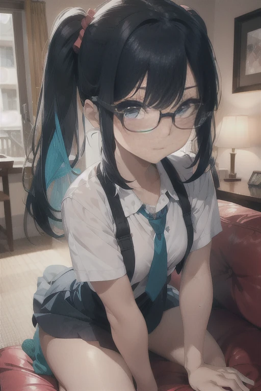 Juniper Montage, Juniper from My little pony, medium breasts, small breasts, five fingers, detailed hands, two hair tones, hair color turquoise and dark turquoise, twin tails hairstyle, glasses, red sofa, bangs obliquely, blue eyes, film coil hairpins, solo, one character