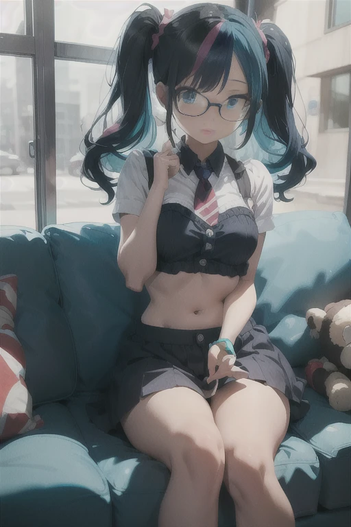 Juniper Montage, Juniper from My little pony, medium breasts, small breasts, five fingers, detailed hands, two hair tones, hair color turquoise and dark turquoise, twin tails hairstyle, glasses, red sofa, bangs obliquely, blue eyes, film coil hairpins, solo, one character