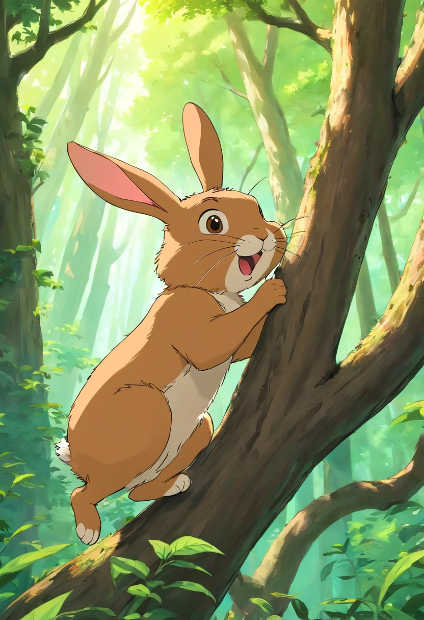 Brown rabbit climbing a tree,forest,Excited