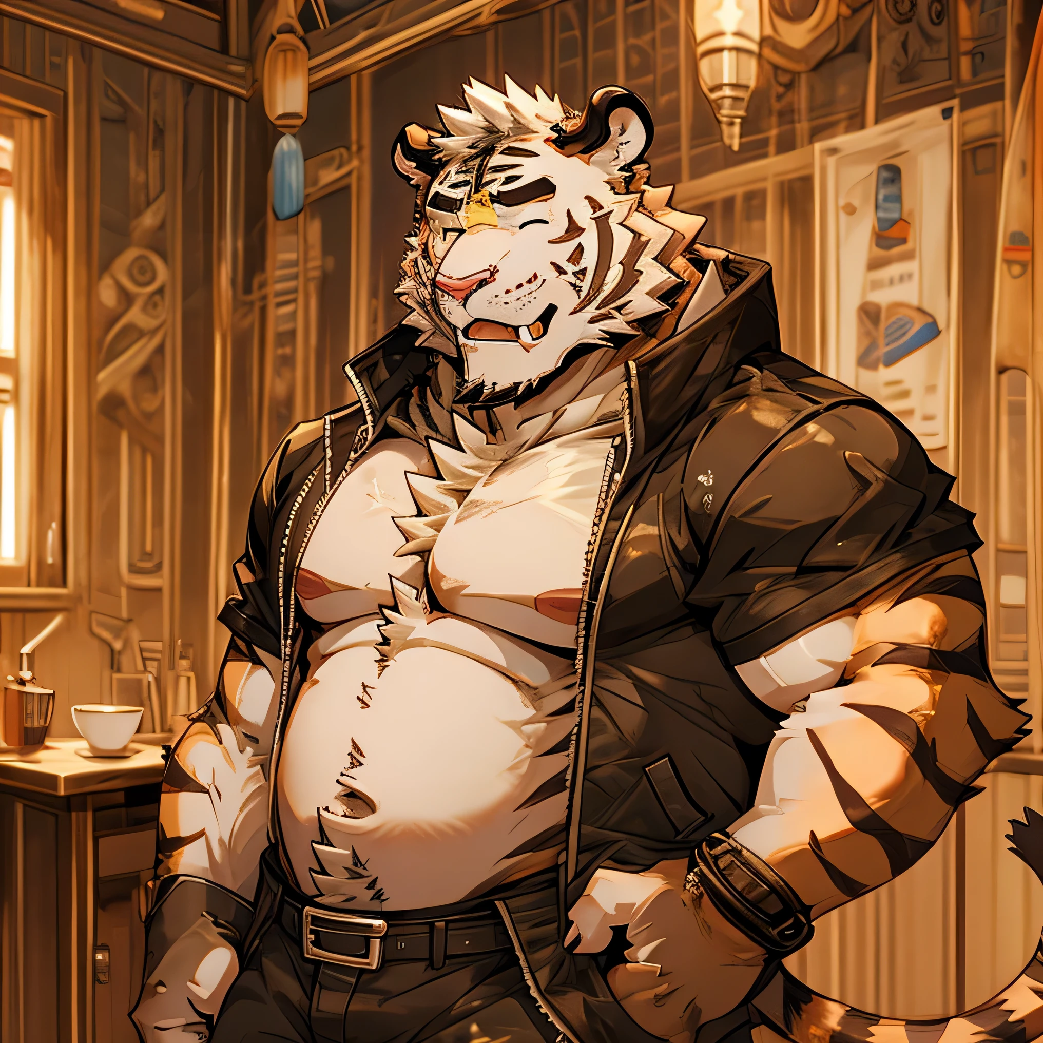 alone, looking at viewer, short hair, shirt, navel, animal ears, nipples, jacket, tail, male focus, open clothing, belt, pants, stomach, pubic hair, open shirt, muscular, black pants, abs, undressing, pecs, muscular male, male pubic hair, bara, colored sclera, hairy, big pecs, hairy male, naked pecs, tiger ears, naked pecs, navel hair, tiger tail, yellow sclera, navel hair, tiger, tiger stripes, eyes closed