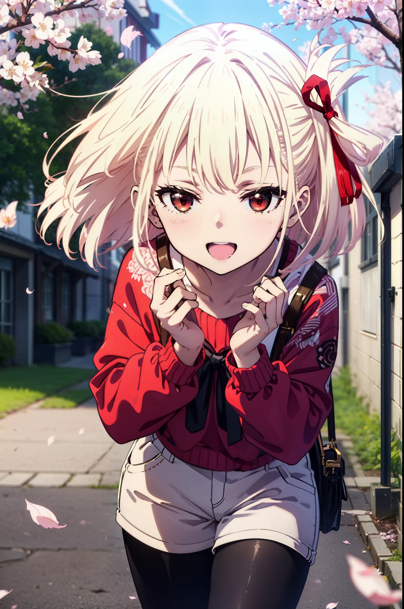 chisatonishikigi, Chisato Nishikigi, long hair, bangs, Blonde, (Red eyes:1.5), hair ribbon, happy smile, smile, Open your mouth,Red oversized sweater,Shorts,Black pantyhose,Mini Boots,Cherry blossoms are blooming,Cherry blossoms are scattered,Cherry blossom tree-lined path,
break outdoors, University　School building,
break looking at viewer, (Cowboy Shot:1.5),
break (masterpiece:1.2), highest quality, High resolution, unity 8k wallpaper, (figure:0.8), (Beautiful fine details:1.6), Highly detailed face, Perfect lighting, Highly detailed CG, (Perfect hands, Perfect Anatomy),