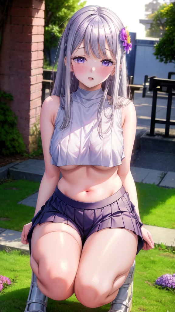 realistic, 1girl, white hair, purple eyes, glowing eyes, crop top, skirt, parted lips, blush, night, flowers, sun, sunlight, squatting down with legs spread apart showing cameltoe 